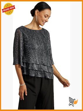 3/4 Sleeve Sparkle Top Ruffle Blouse Dressy Casual Pleated Chiffon Shirt
